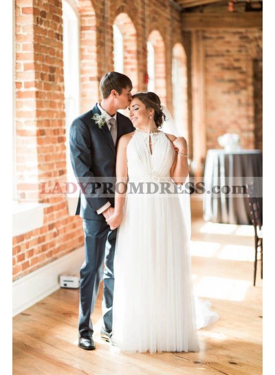 2023 A-Line Tulle High Neck Applique Sleeveless Sweep Train Wedding Dresses