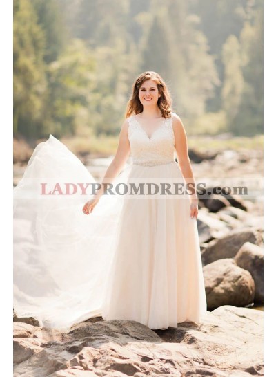 2023 A-Line Chiffon Lace V-neck Sleeveless Sweep Train Wedding Dresses