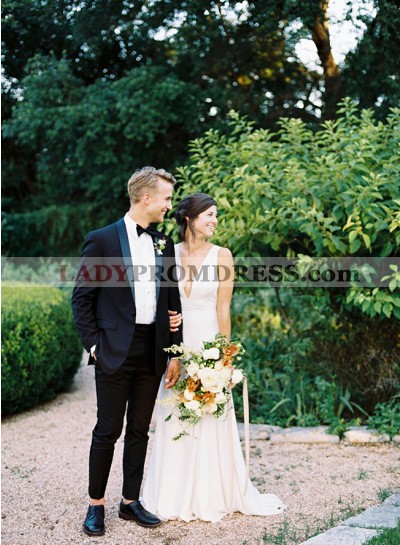 2023 A-Line Satin V-neck Sleeveless Sweep Train Wedding Dresses
