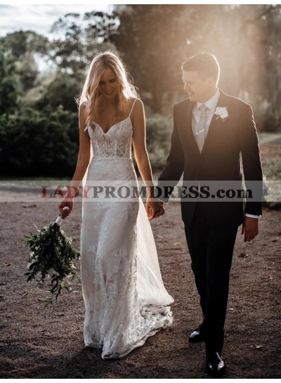 2023 A-Line Lace Spaghetti Straps Sleeveless Sweep Train Wedding Dresses