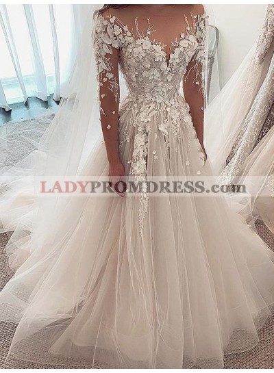 2023 A-Line Tulle Sheer Neck 3/4 Sleeves Sweep Train Wedding Dresses