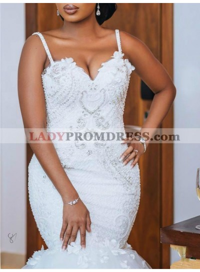 2023 Mermaid Tulle Applique Spaghetti Straps Beading Sweep Train Wedding 