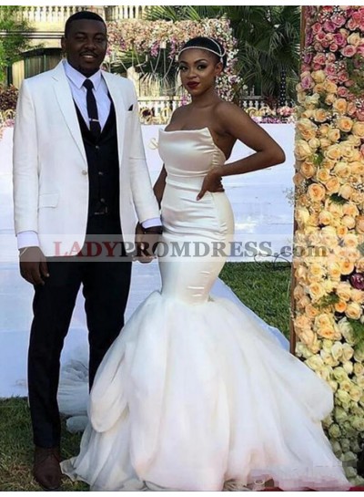 2023 Mermaid Tulle Strapless Sleeveless Sweep Train Wedding Dresses