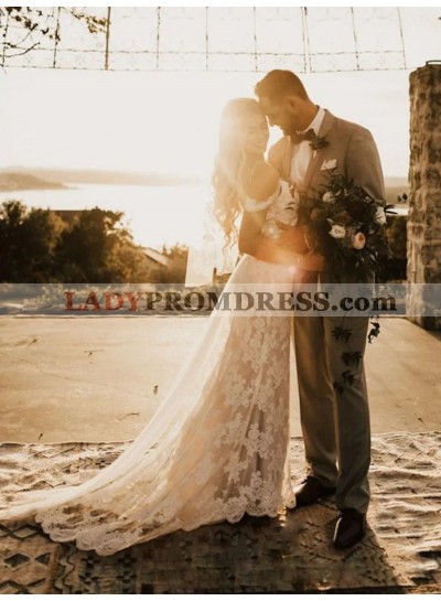 2023 A-Line Lace Off-the-Shoulder Sleeveless Sweep Train Wedding Dresses