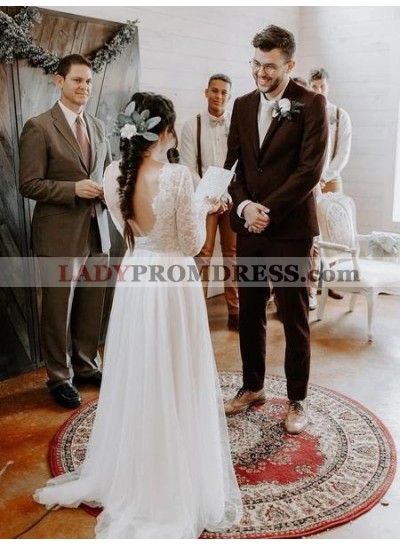 2023 A-Line Tulle Lace V-neck Long Sleeves Sweep Train Wedding Dresses