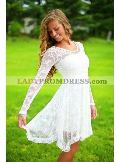 2023 A-Line Lace Crew Neck Long Sleeves Short Wedding Dresses