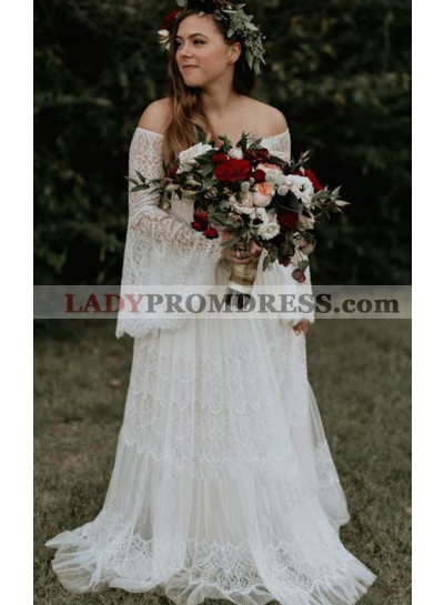 2023 A-Line Lace Off-the-Shoulder Long Sleeveless Sweep Train Wedding Dresses