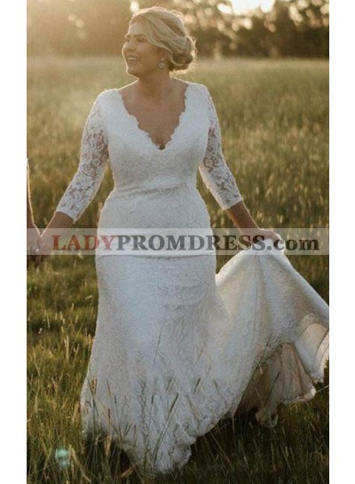 2023 Mermaid Lace V-neck 3/4 Sleeves Sweep Train Wedding Dresses