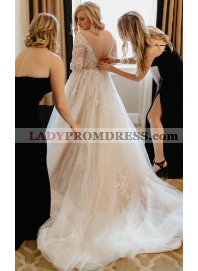 New Arrival Tulle A-Line V-neck Long Sleeves Wedding Dresses with Applique