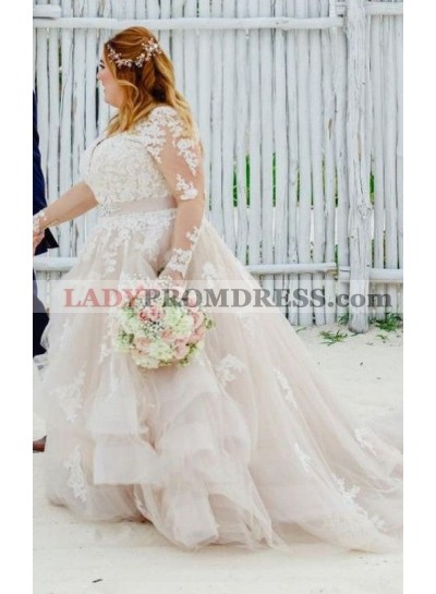 2023 A-Line Tulle V-Neck Applique Long Sleeves Sweep Train Wedding Dresses