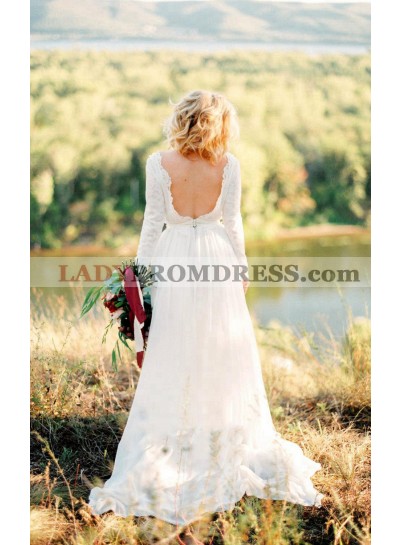 2023 Tulle A-Line Lace Bateau Neck Backless Long Sleeves Long Wedding Dresses