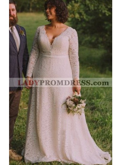 New Arrival Lace A-Line V-neck Long Sleeves Sweep Train Wedding Dresses