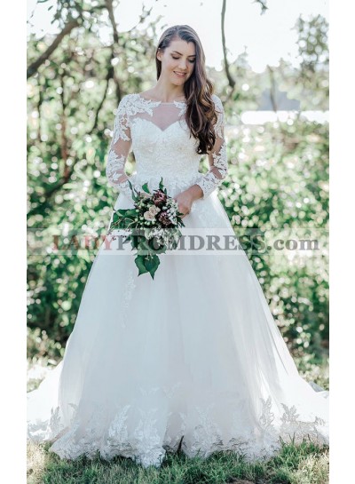 2023 A-Line Lace Sheer Neck Long Sleeves Sweep Train Wedding Dresses