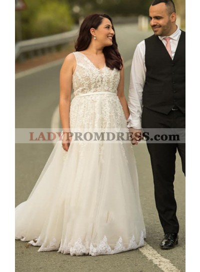 2023 New Arrival Tulle V-neck Lace Sleeveless Sweep Train Wedding Dresses