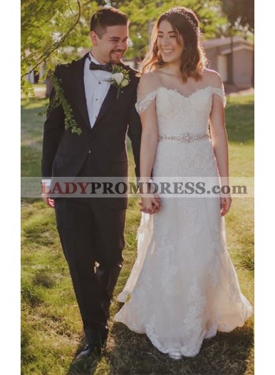 2023 Sheath Lace Off-the-Shoulder Bowknot Sleeveless Long Wedding Dresses