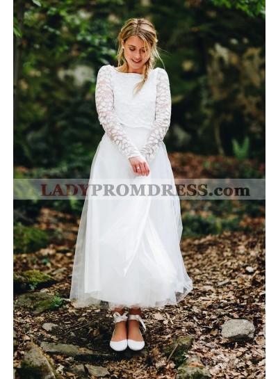 2023 A-Line Tulle Lace Bateau Neck Long Sleeves Tea-Length Wedding Dresses