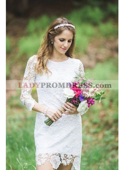 2023 Lace Sheath Crew Neck 3/4 Sleeves Zipper Short Wedding Dresses