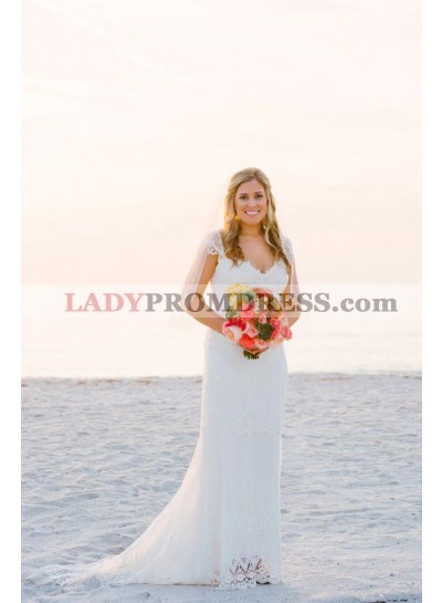 2023 Sheath Tulle Lace V-neck Cap Sleeves Sweep Train Wedding Dresses
