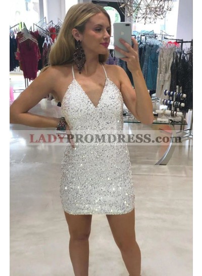 2023 White Column V-neck Short Sequins Homecoming / Graduation Party Dresses