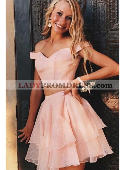 2023 Blushing Pink A-line Off-the-Shoulder Short Chiffon Homecoming Dresses