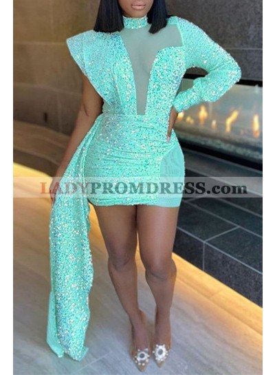 2023 Turquoise Sheath High Neck Long Sleeves Mini Sequins Homecoming Dresses