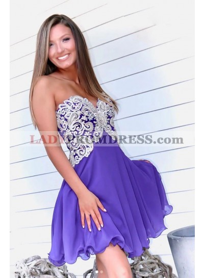 2023 Purple A-line Strapless Short Chiffon Appliques Beaded Homecoming Dresses