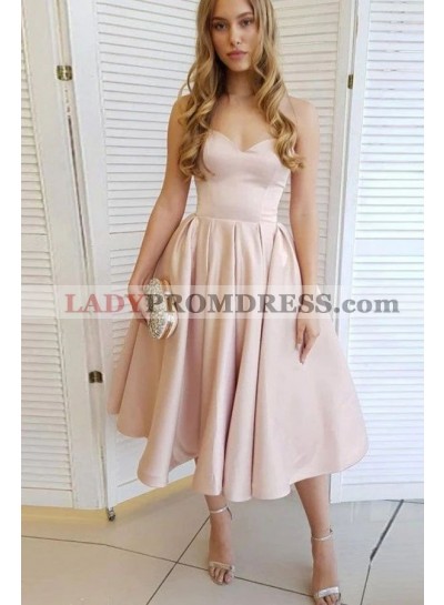2023 Pearl Pink Ball Gown Strapless Tea Length Satin Homecoming Dresses