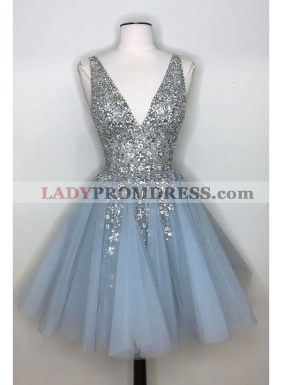 2023 Blue V-neck Sleeveless Short Tulle Beading Homecoming Dresses