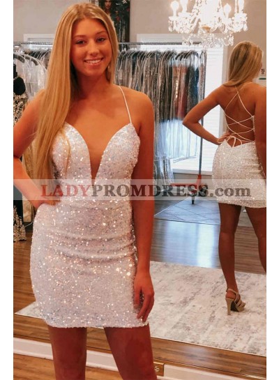 2023 Ivory Sheath V-neck Sequins Lace Up Mini Sequins Homecoming Dresses