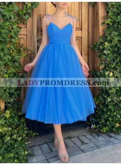 2023 Royal Blue A-line Spaghetti Straps Tea Length Tulle Homecoming Dresses