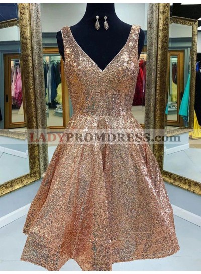 2023 Pearl Pink A-line V-neck Sleeveless Short Sequins Homecoming Dresses