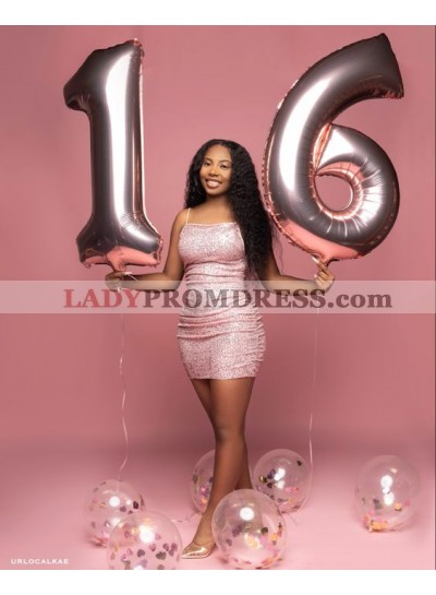 2023 Pink Sheath Square Neck Short Sequins Sweet 16 Dress / Homecoming Dresses