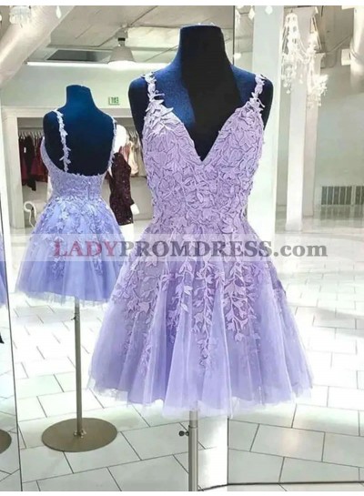 2023 Lavender A-line V-neck Zipper Short Lace Appliques Homecoming Dresses