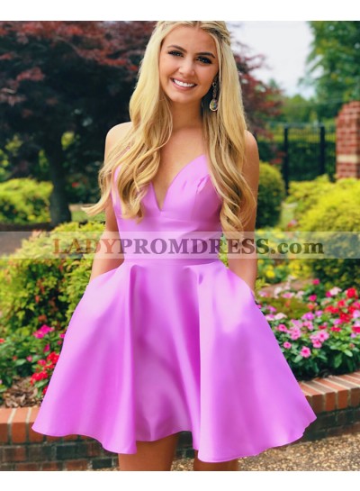 2023 Lilac A-line V-neck Sleeveless Short Satin Homecoming Dresses