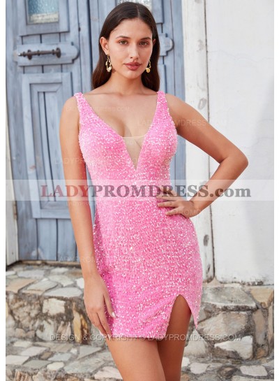 2023 Sheath/Column Sequin V-neck Sleeveless Pink Short/Mini Homecoming Dresses, As Picture & Size 2 - 26W In Stock & Ships in 48 Hours