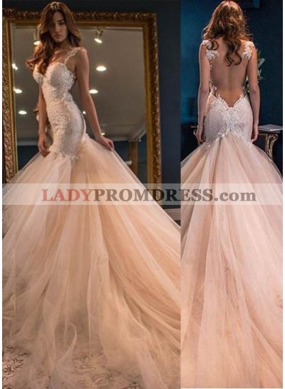 Appliques Straps Mermaid/Trumpet Tulle Champagne Prom Dresses
