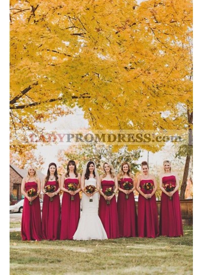 2023 Cheap A Line Strapless Chiffon Burgundy Long Bridesmaid Dresses / Gowns