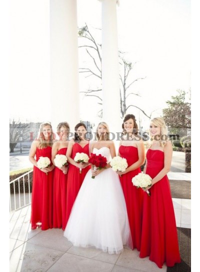 2023 Cheap A Line Chiffon Red Long Strapless Bridesmaid Dresses / Gowns