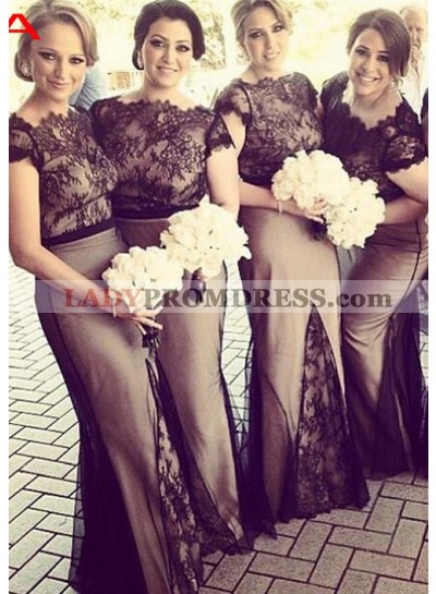 2023 New Arrival Mermaid Black Lace Bateau With Short Sleeves Long Bridesmaid Dresses / Gowns