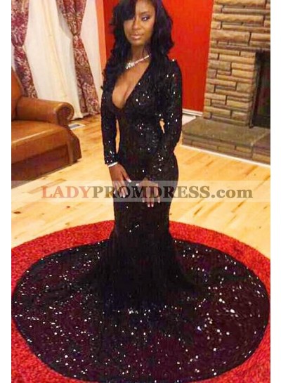 2022 Mermaid Long Sleeves Black Prom Dress