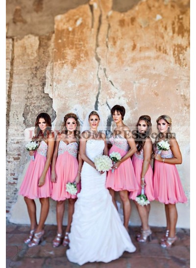 2023 Cheap A Line Pink Sweetheart Chiffon Short Bridesmaid Dresses / Gowns