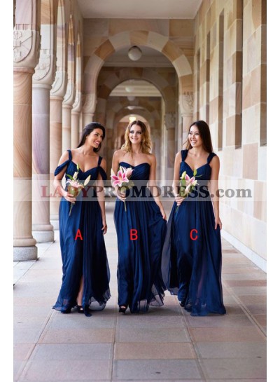 2023 Cheap A Line Dark Navy Sweetheart Chiffon Floor Length Bridesmaid Dresses / Gowns