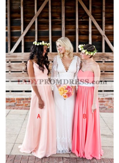 2023 Cheap A Line Chiffon Floor Length Pearl Pink Bridesmaid Dresses / Gowns