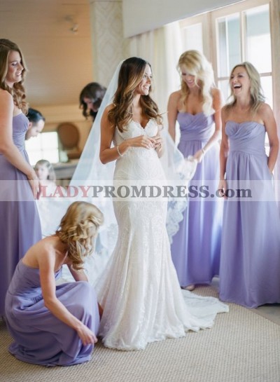 2023 Cheap A Line Lavender Chiffon Sweetheart Ruffles Long Bridesmaid Dresses / Gowns