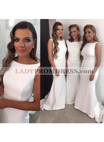 2022 Cheap Mermaid White Satin Bateau Long Bridesmaid Dresses / Gowns