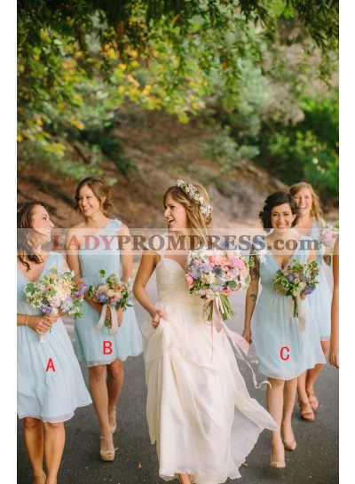 2023 Cheap V Neck A Line Chiffon Light Sky Blue Short Bridesmaid Dresses / Gowns