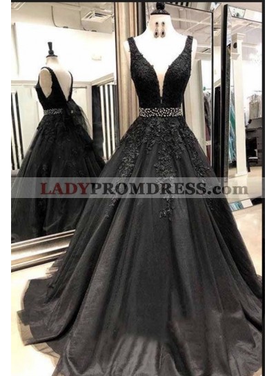 2023 Cheap Black V-neck Beaded Tulle Prom Dresses