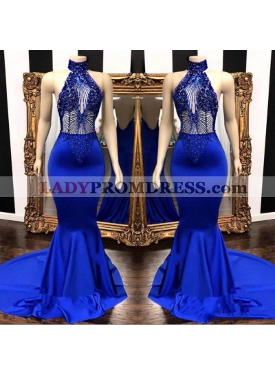 2022 High Neck Beaded Mermaid Royal Blue Prom Dresses