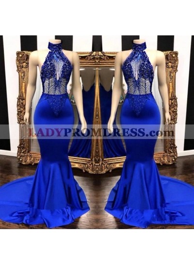 2023 High Neck Beaded Mermaid Royal Blue Prom Dresses