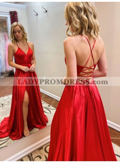 V-neck A Line Red Satin Long Prom Dresses